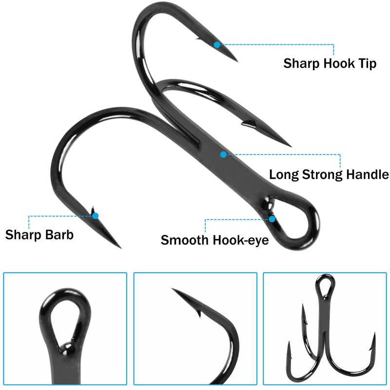 Shaddock Fishing طقم خطاطيف صيد ثلاثية من الفولاذ الكربوني العالي - مجموعة حلقات خطاطيف صيد ثلاثية قوية وحادة للسمك السلمون وسمك الباس وسمك القط - طعوم ومواد طعم للمياه العذبة والمالحة، 110 قطعة، الحجم 4 6 8 10 12 14 - Image 2